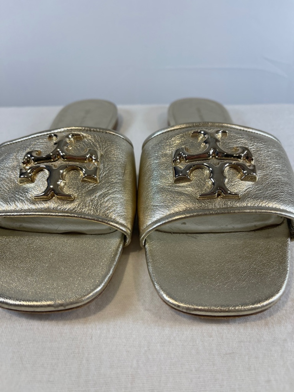 Tory Burch Metallic Gold Logo Slide Sandals - Picture 2 of 6